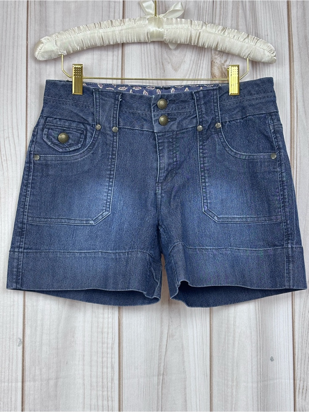 One 5 One Women's Denim Shorts Double Button Utility Cargo Y2K Shorts Blue Sz 4